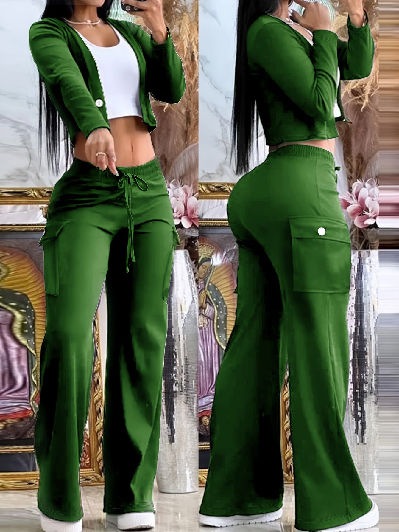 Women'S Stylish Green Two-Tone Knit Cardigan & Pants Set - Polyester Blend, V-Neck, Button-Up, Fall & Winter Casual Wear, Casual Wear|Trendy Casualwear|Polyester Blend